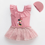 Girls Bathing Suits Cartoon Mouse With Bow Tie One Piece Lace Collar Swimsuits