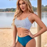 Women Two Pieces Stripe Tankini Back Lace Up High Waist Bikini Swimsuit