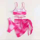Women 3 Piece Ombre Criss Cross Tankini High Cut Cover Up Side Knot Skirt Bikini Swimsuit