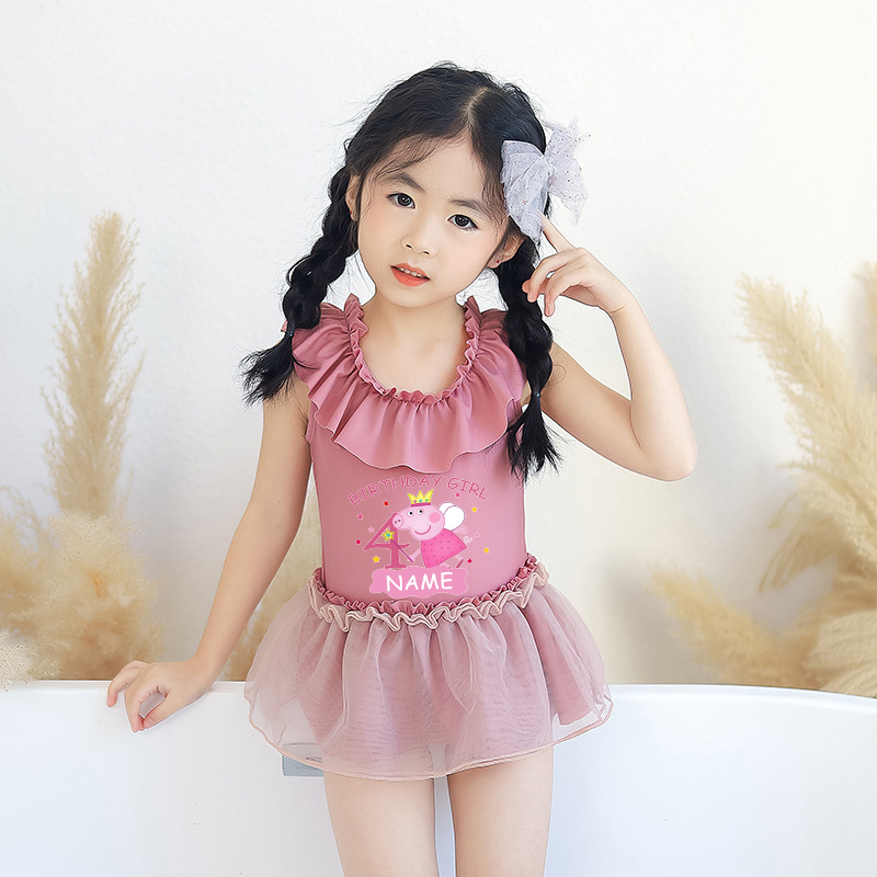 Girls Bathing Suits Cartoon Pig Birthday Name Custom One Piece Lace Collar Swimsuits