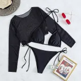 Women 3 Piece Triangle Halter Side Tie High Cut Mesh Tankini Cover Up Bikini Swimsuit
