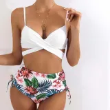 Women 3 Piece Criss Cross Push Up Tropical Prints Cover Up Kimonos Bikini Swimsuit