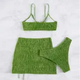 Women 3 Piece Ring Linked Plunging High Cut Drawstring Skirt Cover Up Bikini Swimsuit