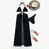 Women 2 Piece Ring Linked Plunging Triangle Halter Cover Up Kimonos Bikini Swimsuit
