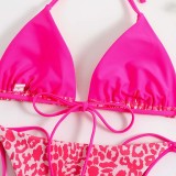 Women Two Pieces Halter Leopard Brassiere Side Tie Print High Cut Bikini Swimsuit