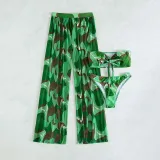 Women 3 Piece Color Block Tie Dye Bandeau Bowknot Halter High Cut Cover Up Pants Bikini Swimsuit