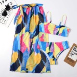Women 3 Piece Watercolor Printing Tie Dye Sling Bandeau Cover Up Kimonos Bikini Swimsuit