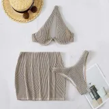 Women 3 Piece Cut Out One Shoulder High Cut Skirt Cover Up Bikini Swimsuit