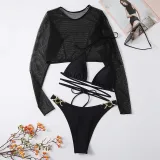 Women 3 Piece Triangle Brassiere Halter Ring Linked High Cut Mesh Tankini Cover Up Bikini Swimsuit