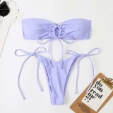 Women Two Pieces Bandeau Ring Linked Plunging Side Tie High Cut Bikini Swimsuit