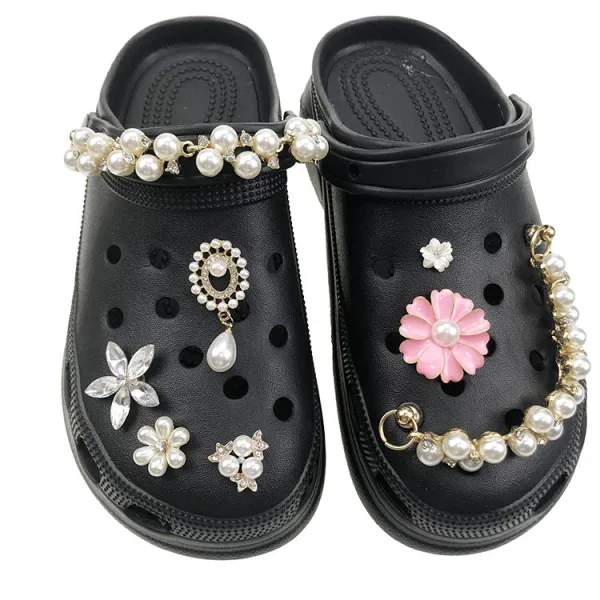 Audlt Unisex Women Clog Summer Slipper Flower Pearl Chain Croc Decoration Beach Slipper Shoes