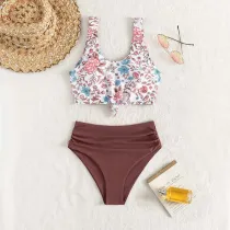 Women Two Pieces Floral Tankini High Waist Ruched Bikini Swimsuit