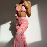 Women 3 Piece Butterfly Triangle Halter High Cut Cover Up Pants Bikini Swimsuit