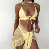 Women 3 Piece Solid Color Lace Ruched Triangle Halter Mesh Skirt Cover Up Bikini Swimsuit