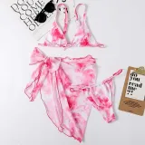 Women 3 Piece Tie Dye Gradient Drawstring Triangle Cup Cover Up Knot Kimonos Bikini Swimsuit