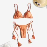 Women Two Pieces Criss Cross Tassel Ring Linked Plunging High Cut Bikini Swimsuit