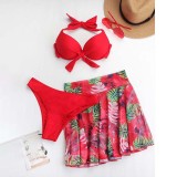 Women 3 Piece Tropical Ruched Bowknot Halter Cover Up Skirt Bikini Swimsuit
