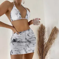 Women 4 Piece Tie Dye Triangle Halter Cover Up Drawstring Skirt Bikini Swimsuit