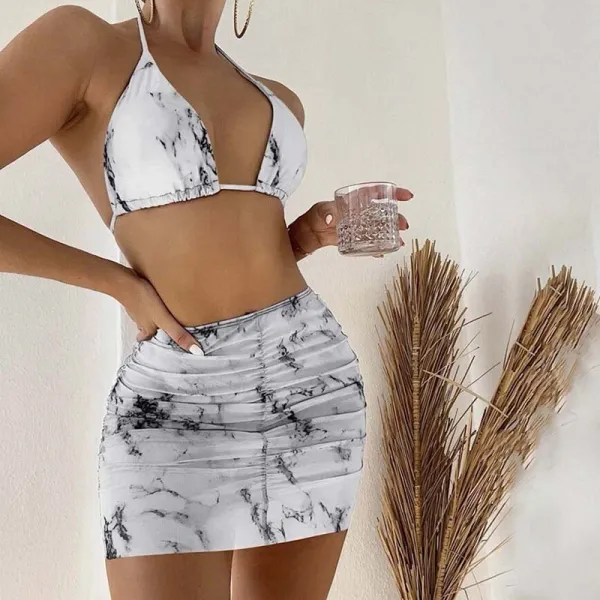 Women 4 Piece Tie Dye Triangle Halter Cover Up Drawstring Skirt Bikini Swimsuit