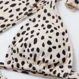 Women 3 Piece Leopard Prints Triangle Brassiere Side Tie Long Sleeve Tankini Cover Up Bikini Swimsuit
