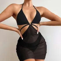 Women 3 Piece Ring Linked Plunging Triangle Halter Cover Up Mesh Skirt Bikini Swimsuit