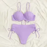 Women Two Pieces Push Up Solid Color Drawstring Side Knot Bikini Swimsuit