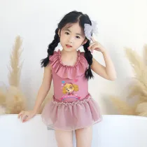 Girls Bathing Suits Cartoon Dog Paw One Piece Lace Collar Swimsuits