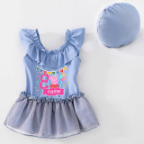 Girls Bathing Suits Cartoon Pig Fairy Birthday Name Custom One Piece Lace Collar Swimsuits