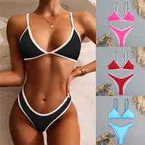 Women Two Pieces Brassiere Solid Color High Cut Bikini Swimsuit