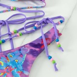 Women Two Pieces Tankini Criss Cross Tie Dye Side Tie Hight Cut Bikini Swimsuit