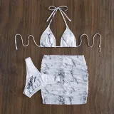 Women 4 Piece Tie Dye Triangle Halter Cover Up Drawstring Skirt Bikini Swimsuit