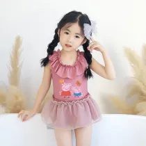 Girls Bathing Suits Cartoon Pigs With Balloons One Piece Lace Collar Swimsuits