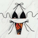 Women Two Pieces Halter Brassiere Side Tie High Cut Butterfly Prints Bikini Swimsuit