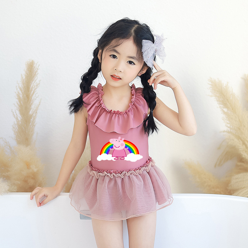 Girls Bathing Suits Cartoon Pig Rainbow One Piece Lace Collar Swimsuits