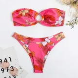 Women Two Pieces Bandeau Ring Linked Plunging Flower Prints High Cut Bikini Swimsuit