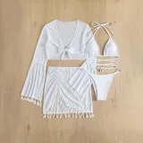 Women 4 Piece Bandeau Criss Cross Triangle Halter Bowknot Halter Cover Up Tassel Tops and Skirt Bikini Swimsuit