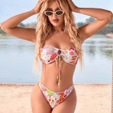 Women Two Pieces Ring Linked Plunging Ruched Bandeau Flower Prints Bikini Swimsuit