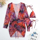 Women 3 Piece Triangle Halter Side Tie Tropical Drawstring Cover Up Kimonos Bikini Swimsuit