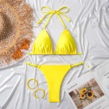 Women Two Pieces Ring Linked Plunging Halter Brassiere Triangle Bikini Swimsuit