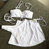 Women 3 Piece Solid Color Heart Linked Bandeau Cover Up Skirt Bikini Swimsuit