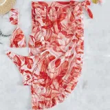 Women 3 Piece Flower Prints Triangle Rufflle Strap Cover Up Side Knot Kimono Bikini Swimsuit