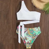 Women Two Pieces One Shoulder Side Knot Tankini Flower Prints Bikini Swimsuit