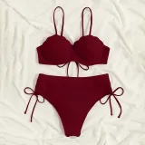 Women Two Pieces Push Up Solid Color Drawstring Side Knot Bikini Swimsuit