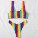 Women Two Pieces Tankini Cut Out Rainbow Color Block High Cut Bikini Swimsuit