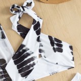 Women 3 Piece Boho Tie Dye Criss Cross Halter High Cut Cover Up mesh Pants Bikini Swimsuit