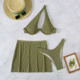 Women 3 Piece Cut Out One Shoulder High Cut Skirt Cover Up Bikini Swimsuit