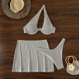 Women 3 Piece Cut Out One Shoulder High Cut Skirt Cover Up Bikini Swimsuit