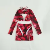Women 3 Piece Tie Dye Triangle Halter Cover Up Tankini Skirts Bikini Swimsuit