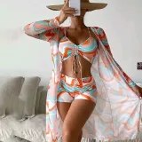 Women 3 Piece Color Prints Drawstring Knot Shorts Kimono Cover Up Bikini Swimsuit