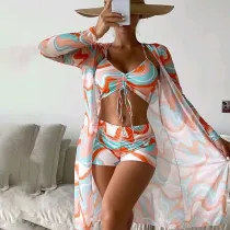 Women 3 Piece Color Prints Drawstring Knot Shorts Kimono Cover Up Bikini Swimsuit